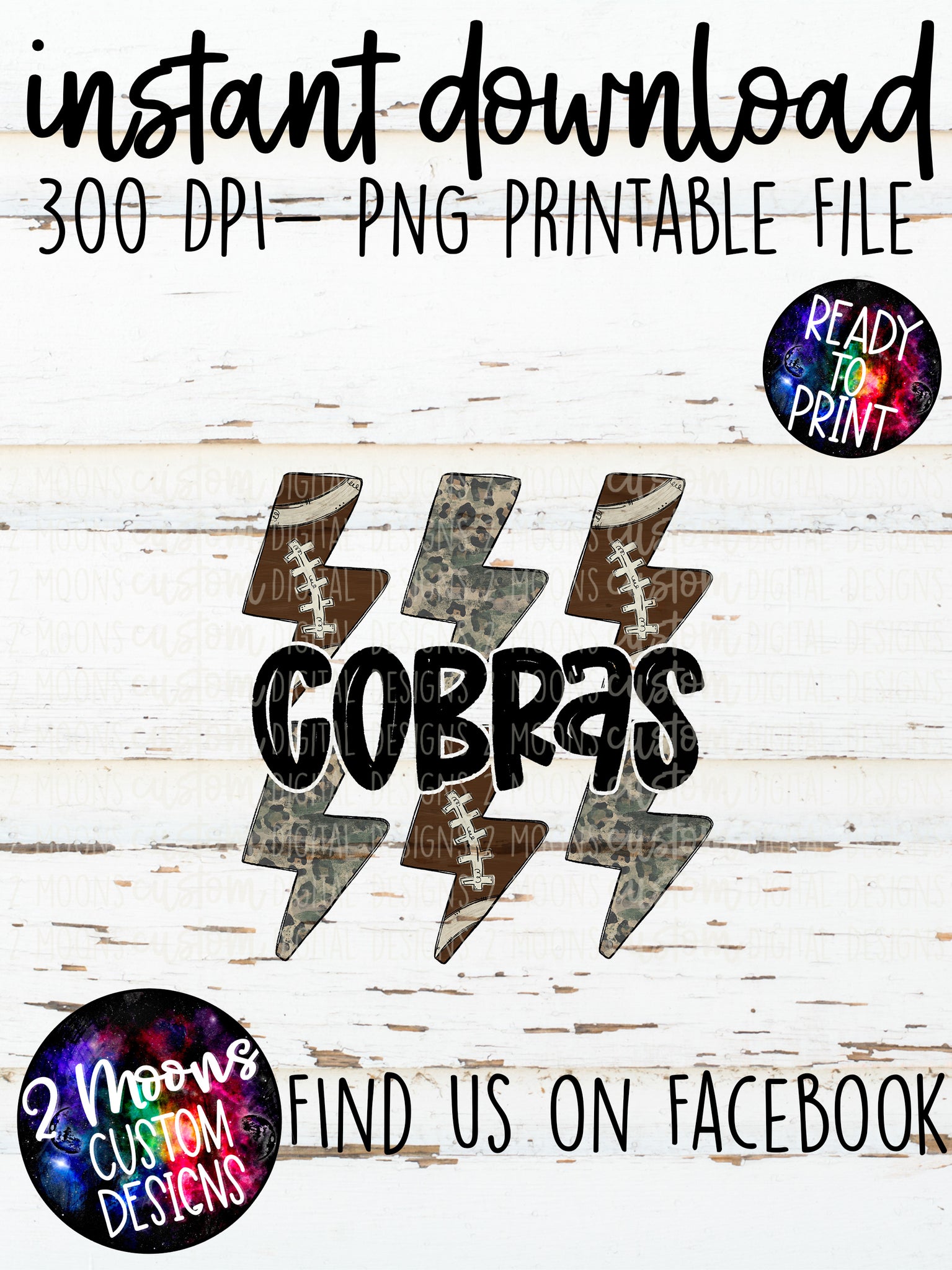 Cobras- Handlettered- Camo/Leopard Grunge & Football Lighting Bolt