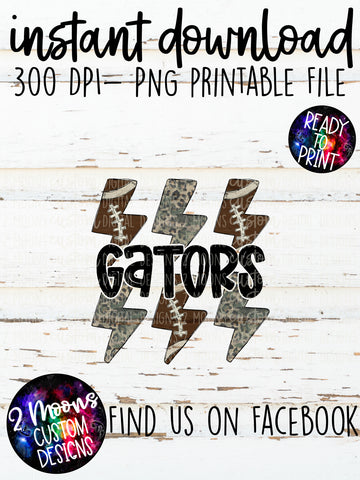 Gators- Handlettered- Camo/Leopard Grunge & Football Lighting Bolt