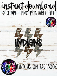 Indians- Handlettered- Camo/Leopard Grunge & Football Lighting Bolt