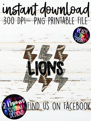 Lions- Handlettered- Camo/Leopard Grunge & Football Lighting Bolt