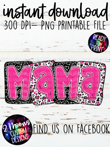 Mama- Hearts & Leopard- Pink- Handlettered