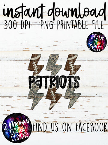 Patriots- Handlettered- Camo/Leopard Grunge & Football Lighting Bolt