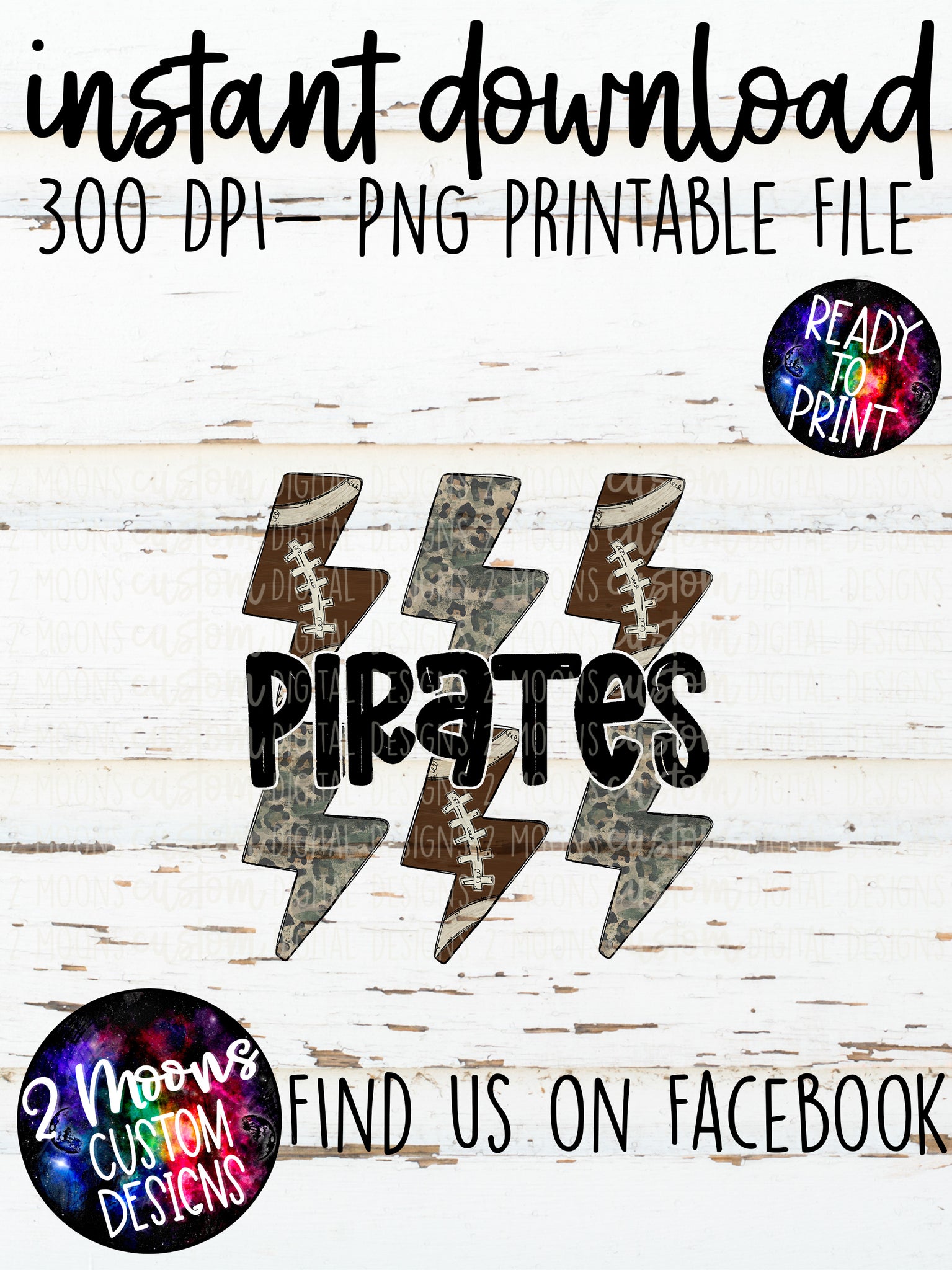 Pirates- Handlettered- Camo/Leopard Grunge & Football Lighting Bolt