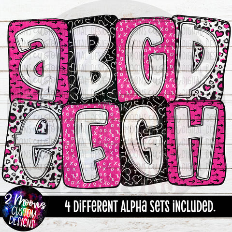 Boxy Valentines Day Doodle Alpha Pack- 4 Different Set- Pink- Handlettered