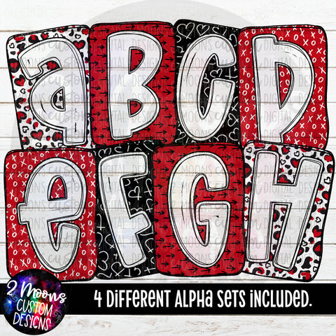 Boxy Valentines Day Doodle Alpha Pack- 4 Different Set- Red- Handlettered