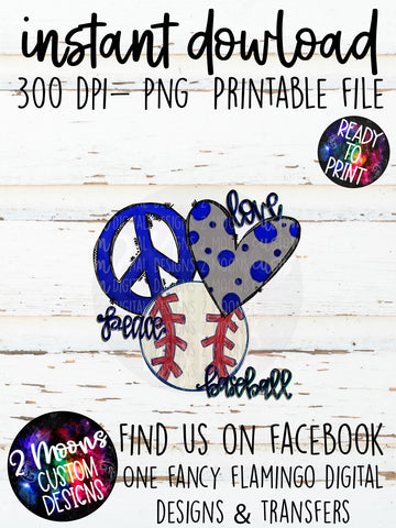 Peace Love Baseball- Blue - Doodle Design-Hand Lettered- Baseball Design