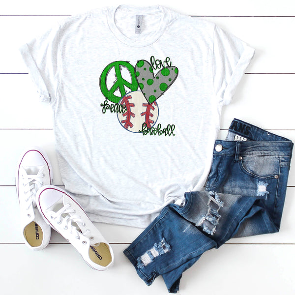 Peace Love Baseball- Green - Doodle Design-Hand Lettered- Baseball Design