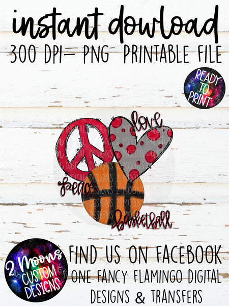 Peace Love Basketball-Red - Doodle Design- Hand Lettered