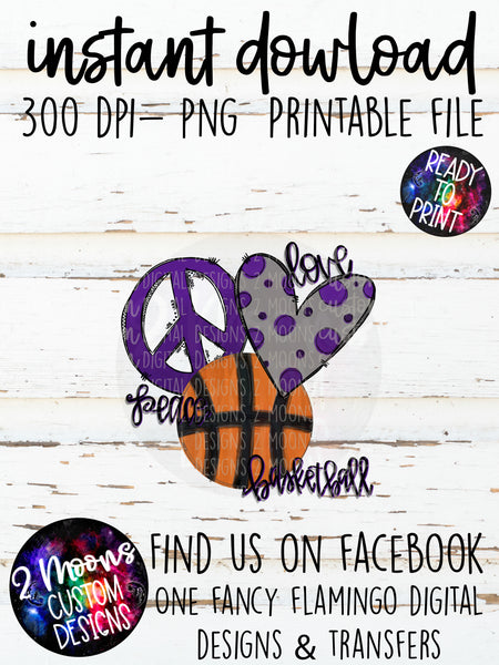 Peace Love Basketball- Purple - Doodle Design- Hand Lettered