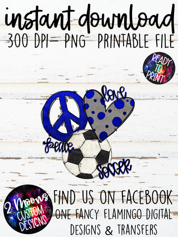 Peace Love Soccer-Blue- Doodle Design- Hand Lettered