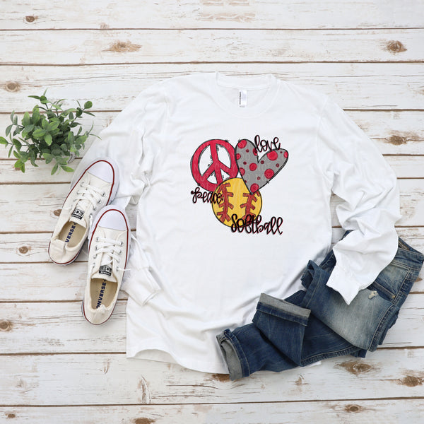 Peace Love Softball- Red- Doodle Design-Hand Lettered- Softball Design