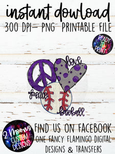 Peace Love Baseball- Purple- Doodle Design-Hand Lettered- Baseball Design