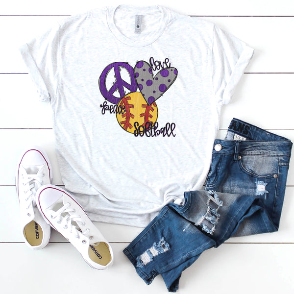 Peace Love Softball- Purple- Doodle Design-Hand Lettered- Softball Design