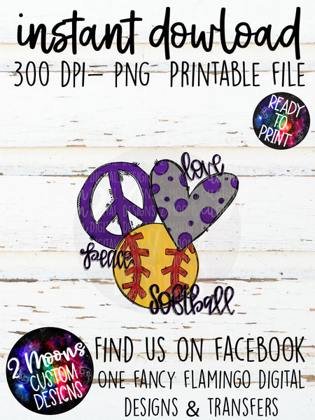 Peace Love Softball- Purple- Doodle Design-Hand Lettered- Softball Design