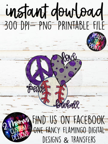 Peace Love Baseball- Purple- Doodle Design-Hand Lettered- Baseball Design