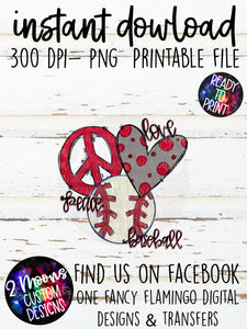 Peace Love Baseball- Red- Doodle Design-Hand Lettered- Baseball Design