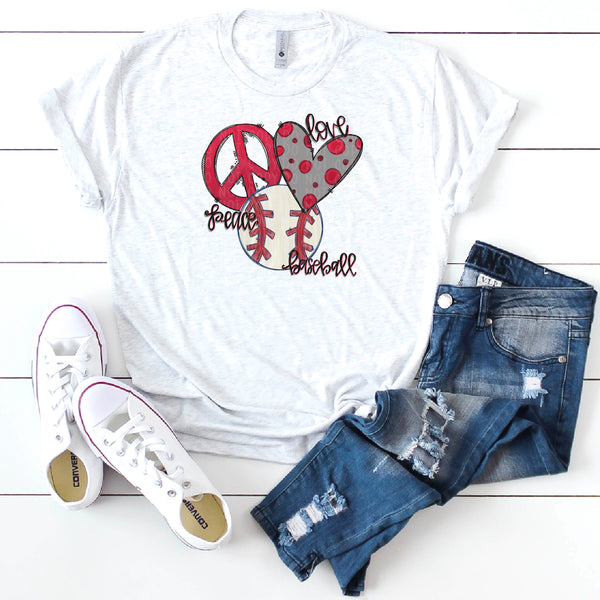 Peace Love Baseball- Red- Doodle Design-Hand Lettered- Baseball Design